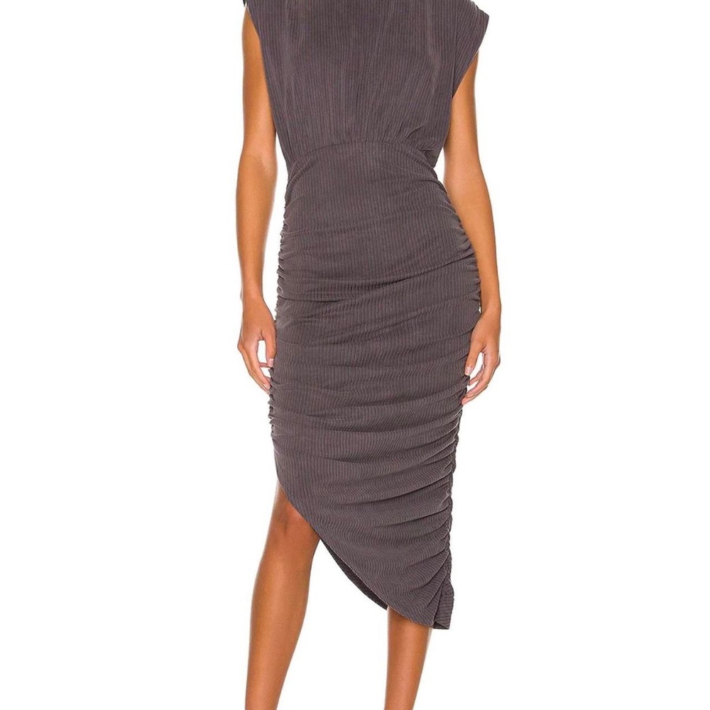 Line & Dot Desiree Ruched Midi Dress in Charcoal.